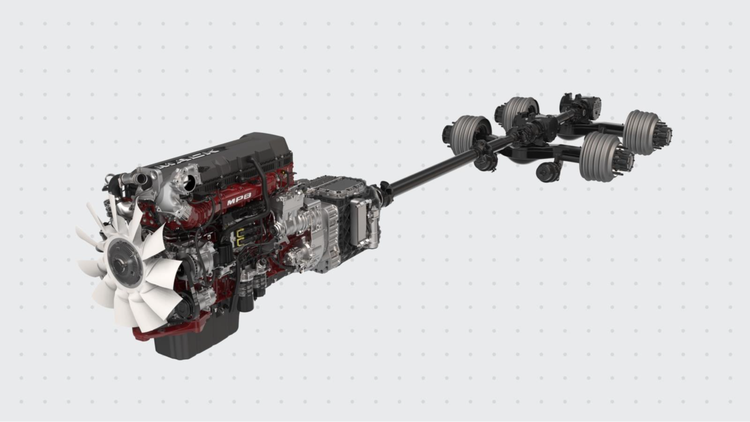 Mack’s integrated powertrain featuring the MP8 engine, transmission, and rear axle, designed for optimal performance