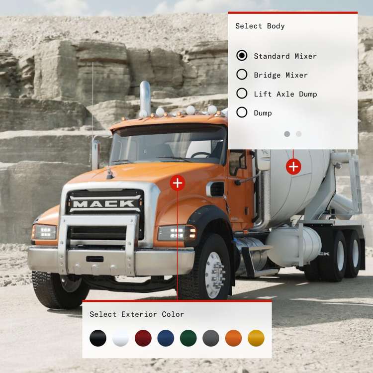 Mack Granite truck customization interface, showing options to select body type, including Standard Mixer, and exterior color