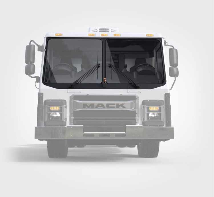 Mack LR electric Truck showing edge-to-edge windshield for improved driver visibility.