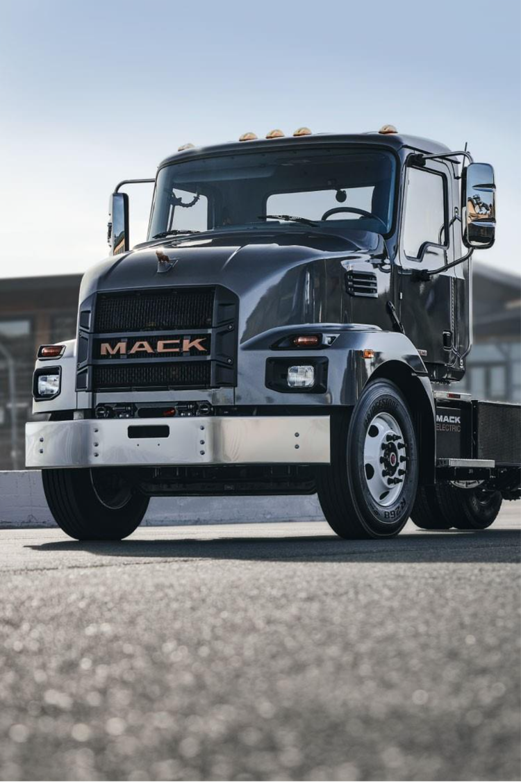 Front view of the Mack MD Electric truck showcasing its design