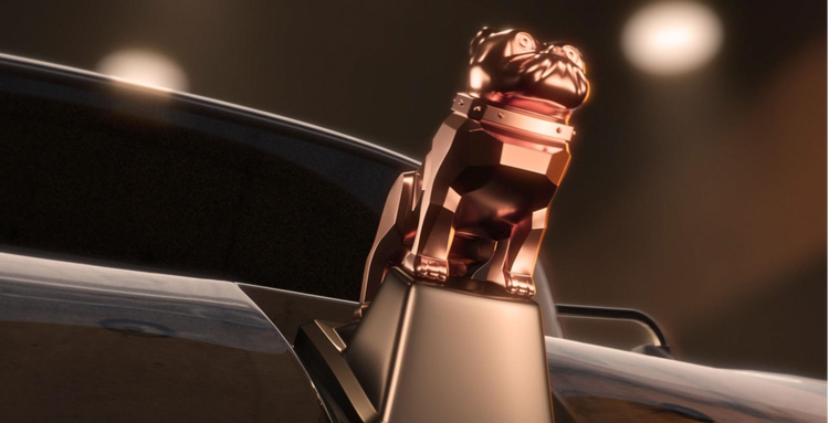 Closeup of the iconic bulldog rendered in chrome on the hood of the truck.
