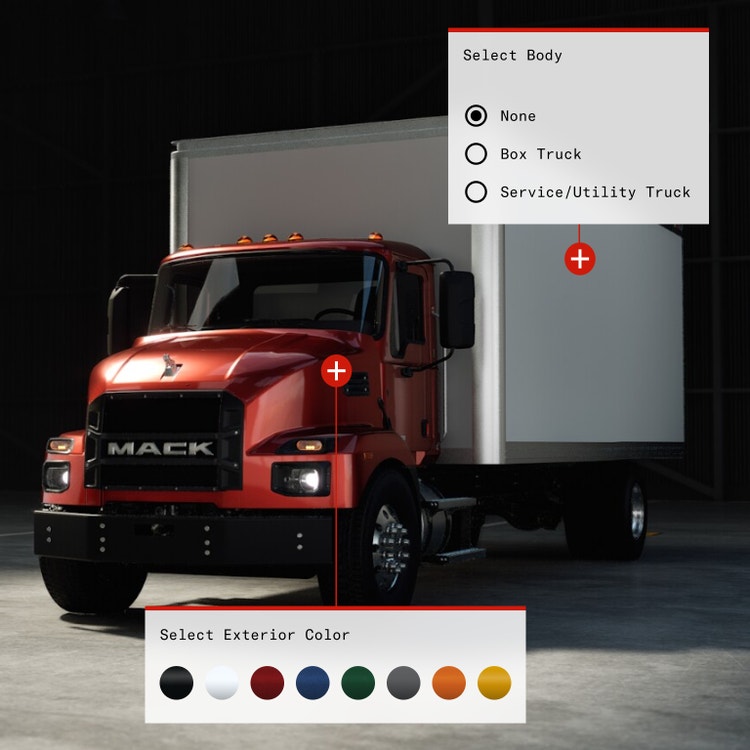 Red Mack MD truck displayed with customizable options for body type and exterior color in a digital builder interface