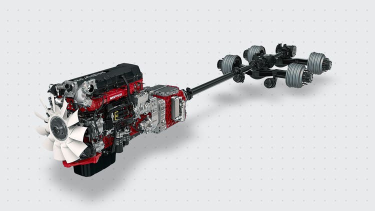 Mack MP8HE engine with a cutaway view showing its internal components.