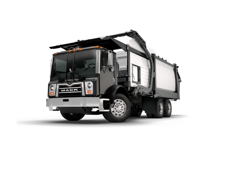 Black Mack Terrapro refuse truck with a raised arm for collecting waste.