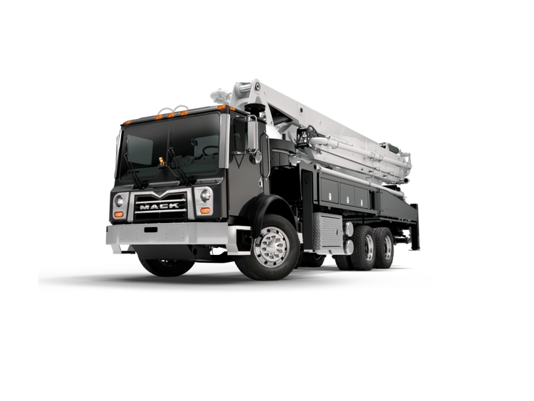 Black Mack Terrapro truck equipped with a concrete pump, ready for construction work.